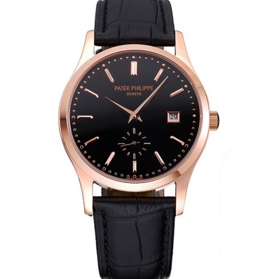 Replica High Quality Patek Philippe Calatrava Black Dial Rose Gold Case Black Leather Strap 622835