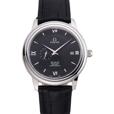 Replica Omega De Ville Prestige Co-Axial Black Dial Silver Case Black Leather Strap Roman Numeral
