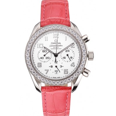 Replica Omega Speedmaster White Dial Stainless Steel Case Diamond Bezel Pink Leather Strap