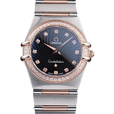 Replica Omega Swiss Constellation Jewelry Diamond Case Radial Emblem Black Dial 98113