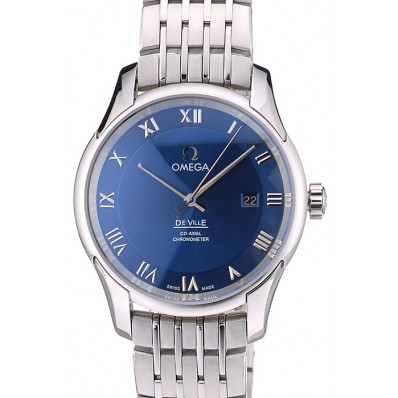 Replica Omega Swiss DeVille Stainless Steel Bezel Roman Numbers Blue Dial 7612