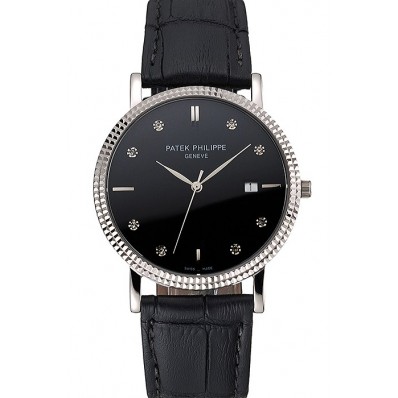 Replica Patek Philippe Calatrava Black Dial Diamond Hour Marks Ribbed Bezel Stainless Steel Case Black Leather Strap