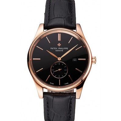 Replica Patek Philippe Calatrava Date Black Dial Rose Gold Case Black Leather Strap