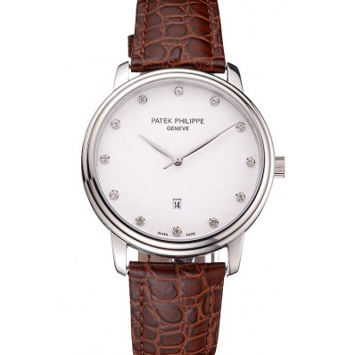 Replica Patek Philippe Calatrava Date White Dial Stainless Steel Case Brown Leather Strap