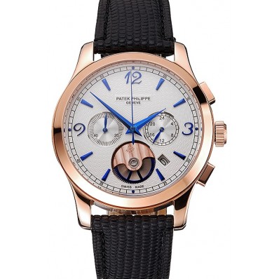 Replica Patek Philippe Chronograph White Guilloche Dial Rose Gold Case Black Leather Strap