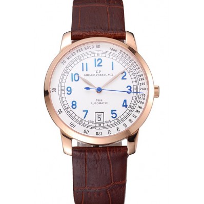 Replica Swiss Girard-Perregaux 1966 Automatic White Dial Gold Case Blue Numerals Brown Leather Strap