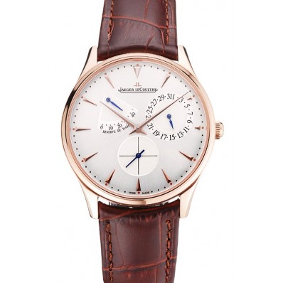 Replica Swiss Jaeger LeCoultre Master Ultra Thin Reserve De Marche Silver Dial Rose Gold Case Brown Leather Strap