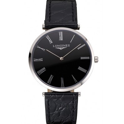 Replica Swiss Longines Grande Classique Black Dial Roman Numerals Stainless Steel Case Black Leather Strap