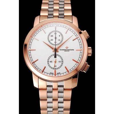 Replica Swiss Vacheron Constantin Patrimony Traditionnelle Chronograph White Dial Rose Gold Case Two Tone Bracelet 1453759