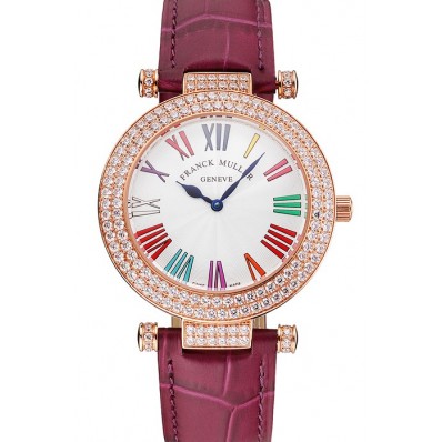 Replica Top Franck Muller Double Mistery Ronde White Dial Rose Gold Case Plum Leather Strap