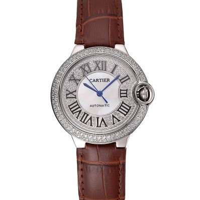 Swiss Cartier Ballon Bleu 46 MM Diamond Dial Diamond Case Brown Leather Bracelet 1453895