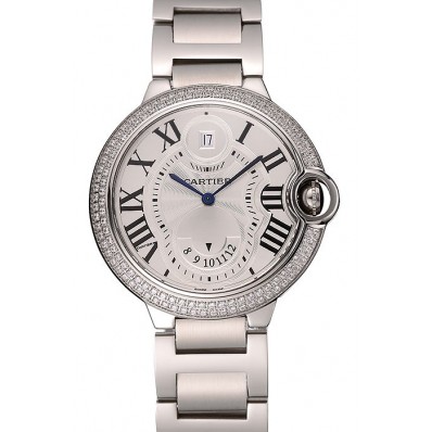Swiss Cartier Ballon Bleu Two Timezone White Dial Diamond Case Stainless Steel Bracelet 1453878