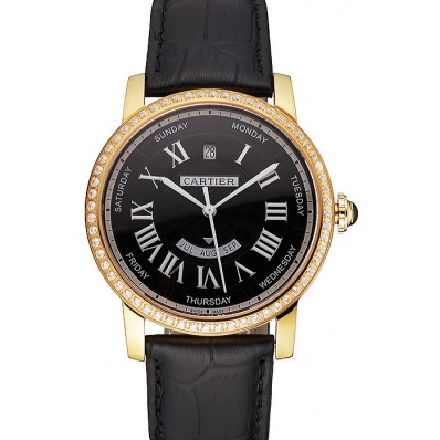 Swiss Cartier Rotonde Annual Calendar Black Dial Diamond Bezel Gold Case Black Leather Strap