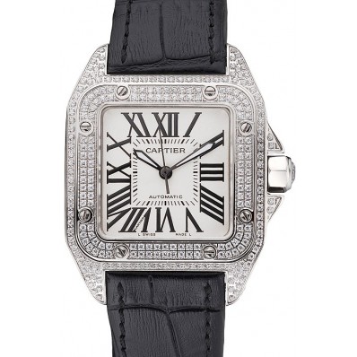 Swiss Cartier Santos Dumont Diamond Case White Dial Roman Numerals Black Leather Bracelet 622652