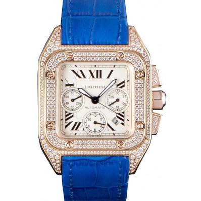 Swiss Cartier Santos Rose Gold Bezel with Diamonds and Blue Leather Strap 621529