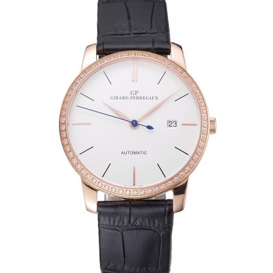 Swiss Girard-Perregaux 1966 White Dial Gold Diamond Case Black Leather Strap