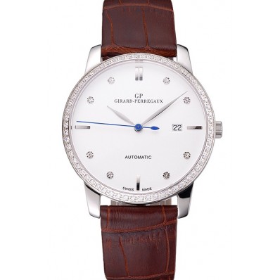 Swiss Girard-Perregaux 1966 White Dial Silver Diamond Case Brown Leather Strap