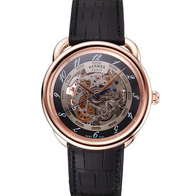 Swiss Hermes Arceau Skeleton Black Dial Brown Hands Rose Gold Case Black Leather Strap