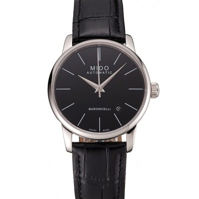 Swiss Mido Baroncelli Black Dial Stainless Steel Case Black Leather Strap 1453839