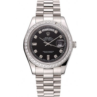 Swiss Rolex Day-Date Black Dial Diamond Case Diamond Numerals Stainless Steel Bracelet 1453966