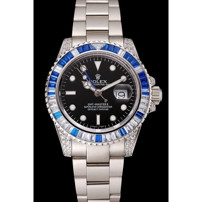 Swiss Rolex GMT Master II Black Dial Stone Set Bezel Stainless Steel Case And Bracelet 1453747