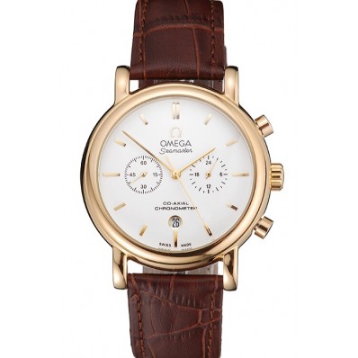 Top Imitation Omega Seamaster Vintage Chronograph White Dial Gold Case Brown Leather Strap