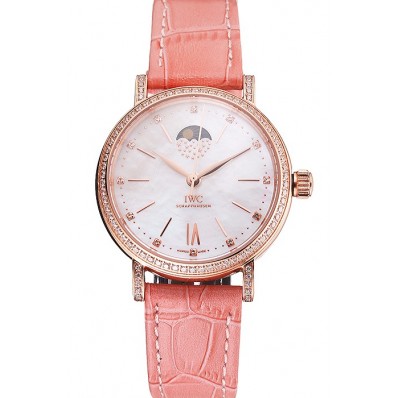 Top IWC Portofino Moon Phase Silver Dial Rose Gold Case Diamonds Bezel Pink Leather Strap