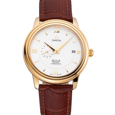Top Omega De Ville Prestige Co-Axial White Dial Gold Case Brown Leather Strap Roman Numeral