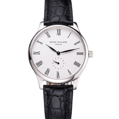 Top Patek Philippe Calatrava White Dial Stainless Steel Case Black Leather Strap