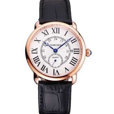 Top Replica Cartier Ronde Louis Cartier White Dial Gold Case Black Leather Strap
