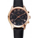 Best Omega DeVille Rose Gold Bezel with Black Dial and Black Leather Strap 621569