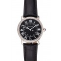 Cartier Ronde Black Dial Diamond Bezel Stainless Steel Case Black Leather Strap