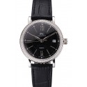 Cheap Copy IWC Portofino Black Dial Stainless Steel Case Diamonds Bezel Black Leather Strap