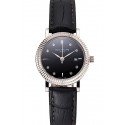 Copy Patek Philippe Calatrava Black Dial Diamond Hour Marks Double Ribbed Bezel Stainless Steel Case Black Leather Strap