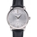 Copy Patek Philippe Swiss Calatrava Polished Bezel Grey Dial Black Leather Strap 7659
