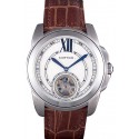 Fake Cartier Calibre Flying Tourbillon White Dial Stainless Steel Case Brown Leather Bracelet