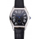 Fake Cartier Tortue Large Date Black Dial Stainless Steel Case Black Leather Strap
