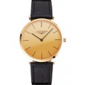 Fake High Quality Swiss Longines Grande Classique Gold Dial Gold Case Black Leather Strap