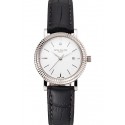 Fake Patek Philippe Calatrava White Dial Double Ribbed Bezel Stainless Steel Case Black Leather Strap