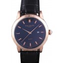 First-class Quality Patek Philippe Calatrava Roze Gold Polished Bezel Black Leather Bracelet 801432