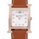 Hermes Heure H Rose Gold Diamond Encrusted Bezel Tan Leather Strap White Dial 80236