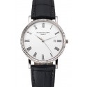 Hot Patek Philippe Calatrava White Dial Roman Numerals Ribbed Bezel Stainless Steel Case Black Leather Strap