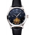 Imitation Jaeger LeCoultre Master Moonphase Tourbillon Black Dial Stainless Steel Case Black Leather Strap