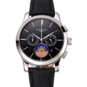 Imitation Patek Philippe Chronograph Black Dial Stainless Steel Case Black Leather Strap