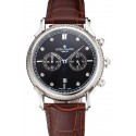 Imitation Patek Philippe Chronograph Black Dial With Diamonds Stainless Steel Case Brown Leather Strap