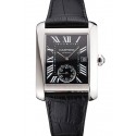 Imitation Swiss Cartier Tank MC Black Dial Stainless Steel Case Black Leather Strap