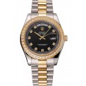 Knockoff Cheap Swiss Rolex Day-Date Black Dial Gold Diamond Case Two Tone Stainless Steel Bracelet 1453975