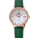 Omega DeVille Prestige Co-Axial Diamond Gold Case Mother-Of-Pearl Dial Green Leather Strap