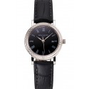 Patek Philippe Calatrava Black Dial Roman Numerals Double Ribbed Bezel Stainless Steel Case Black Leather Strap