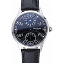 Patek Philippe Geneve Two Dial Black Dial Stainless Steel Bezel Black Leather Band 622145